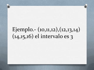Ejemplo.- (10,11,12),(12,13,14)
(14,15,16) el intervalo es 3
 