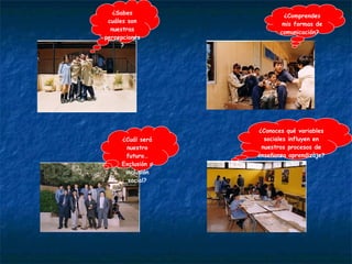 ¿Sabes cuáles son nuestras percepciones? ¿Conoces qué variables sociales influyen en nuestros procesos de enseñanza aprendizaje? ¿Cuál será nuestro futuro… Exclusión o inclusión social? ¿Comprendes mis formas de comunicación?  