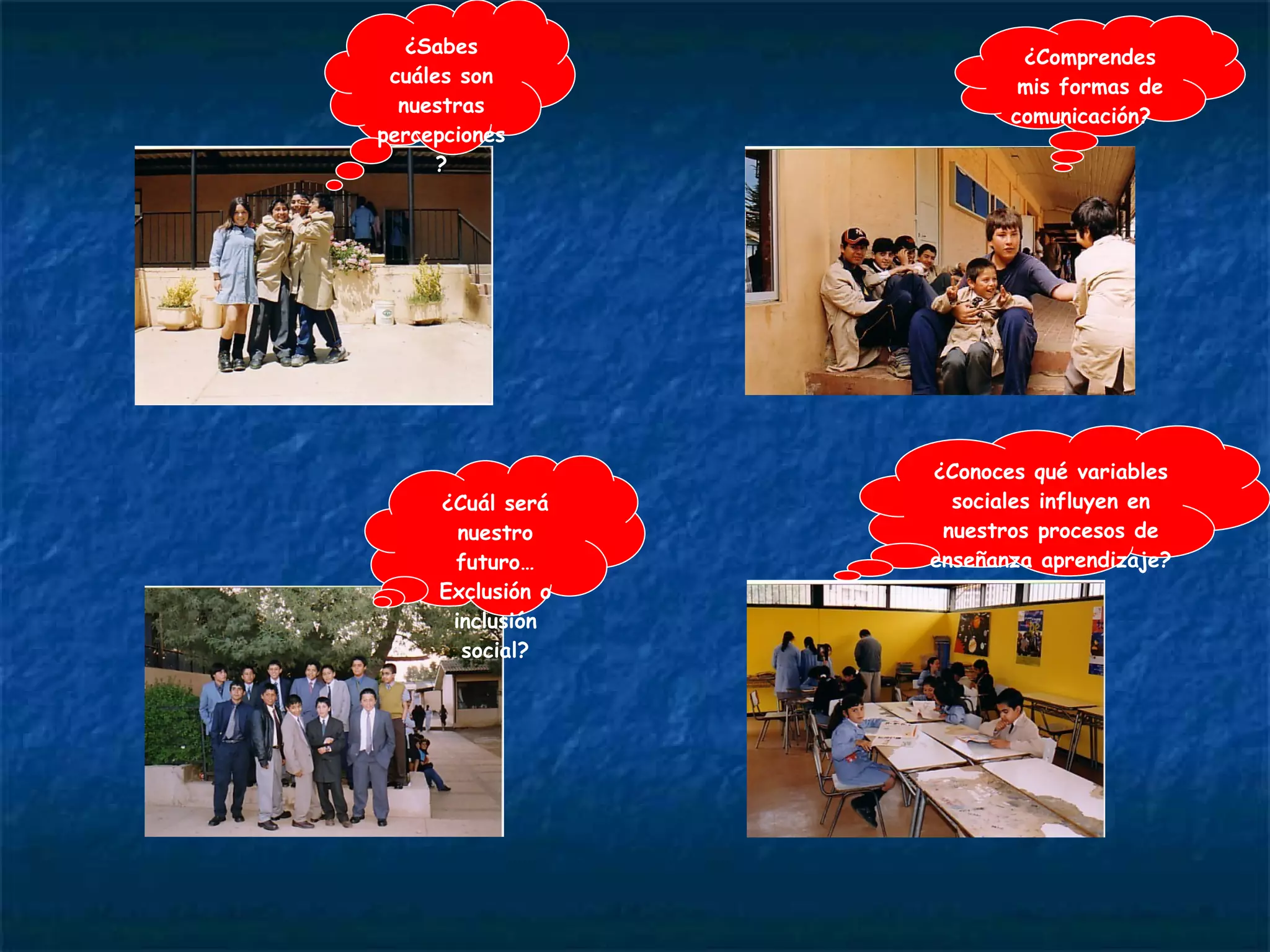 ¿Sabes cuáles son nuestras percepciones? ¿Conoces qué variables sociales influyen en nuestros procesos de enseñanza aprendizaje? ¿Cuál será nuestro futuro… Exclusión o inclusión social? ¿Comprendes mis formas de comunicación?  