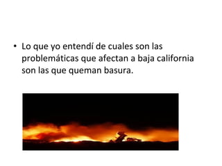 • Lo que yo entendí de cuales son las
problemáticas que afectan a baja california
son las que queman basura.
 