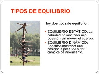 TIPOS DE EQUILIBRIOHay dos tipos de equilibrio:EQUILIBRIO ESTÁTICO: La habilidad de mantener una posición sin mover el cuerpo.EQUILIBRIO DINÁMICO: Podemos mantener una posición a pesar de sufrir cambios de movimiento.