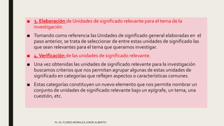 ■ 3. Elaboración de Unidades de significado relevante para el tema de la
investigación.
■ Tomando como referencia las Unidades de significado general elaboradas en el
paso anterior, se trata de seleccionar de entre estas unidades de significado las
que sean relevantes para el tema que queramos investigar.
■ 4.Verificación de las unidades de significado relevante.
■ Una vez obtenidas las unidades de significado relevante para la investigación
buscamos criterios que nos permitan agrupar algunas de estas unidades de
significado en categorías que reflejen aspectos o características comunes.
■ Estas categorías constituyen un nuevo elemento que nos permite nombrar un
conjunto de unidades de significado relevante bajo un epígrafe, un tema, una
cuestión, etc.
Ps. Dr. FLORES MORALES,JORGE ALBERTO
 