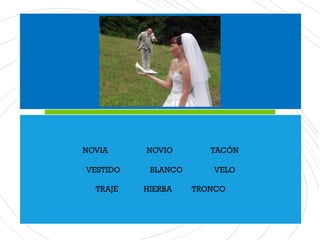 NOVIA NOVIO TACÓN
VESTIDO BLANCO VELO
TRAJE HIERBA TRONCO
 