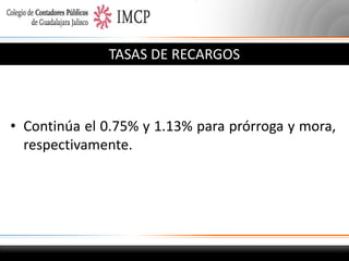 TASAS DE RECARGOS

• Continúa el 0.75% y 1.13% para prórroga y mora,
respectivamente.

 