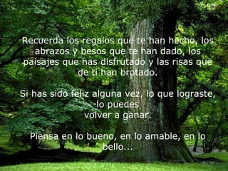 Recuerda los regalos que te han hecho, los abrazos y besos que te han dado, los paisajes que has disfrutado y las risas que de ti han brotado. Si has sido feliz alguna vez, lo que lograste, lo puedes volver a ganar. Piensa en lo bueno, en lo amable, en lo bello...