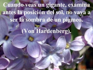 Cuando veas un gigante, examina antes la posición del sol, no vaya a ser la sombra de un pigmeo. (Von Hardenberg).   