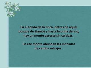 En el fondo de la finca, detrás de aquel
bosque de álamos y hasta la orilla del río,
   hay un monte agreste sin cultivar.

  En ese monte abundan las manadas
          de cerdos salvajes.
 