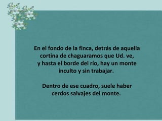 En el fondo de la finca, detrás de aquella cortina de chaguaramos que Ud. ve, y hasta el borde del río, hay un monte inculto y sin trabajar.  Dentro de ese cuadro, suele haber cerdos salvajes del monte.  