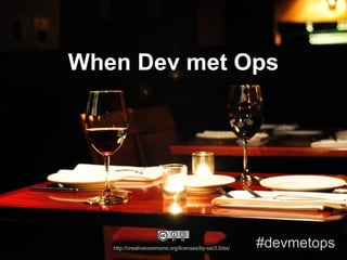 When Dev met Ops
http://creativecommons.org/licenses/by-sa/3.0/es/ #devmetops
 