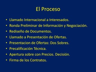 El Proceso
• Llamado Internacional a Interesados.
• Ronda Preliminar de Información y Negociación.
• Rediseño de Documentos.
• Llamado a Presentación de Ofertas.
• Presentacion de Ofertas: Dos Sobres.
• Precalificación Técnica.
• Apertura sobre con Precios. Decisión.
• Firma de los Contratos.
 