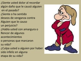 ¿Siente usted dolor al recordar
algún daño que le causó alguien
 en el pasado?
¿Siente o ha sentido
deseos de venganza contra
Alguien que le causo
un perjuicio?
¿Habla usted con amargura o
Rencor de algunos
acontecimientos
o personas que marcaron
su vida?
¿Culpa usted a alguien por haber
sido infeliz en alguna
etapa de su vida?
 