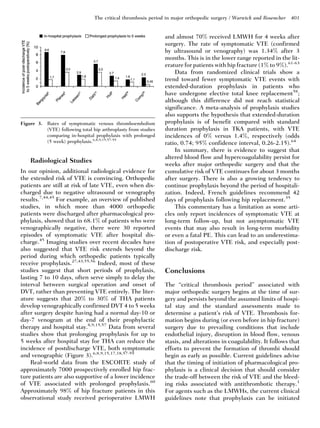 The critical thrombosis period in major orthopedic surgery / Warwick and Rosencher   401


                                                                  and almost 70% received LMWH for 4 weeks after
                                                                  surgery. The rate of symptomatic VTE (confirmed
                                                                  by ultrasound or venography) was 1.34% after 3
                                                                  months. This is in the lower range reported in the lit-
                                                                  erature for patients with hip fracture (1% to 9%).61-63
                                                                      Data from randomized clinical trials show a
                                                                  trend toward fewer symptomatic VTE events with
                                                                  extended-duration prophylaxis in patients who
                                                                  have undergone elective total knee replacement58;
                                                                  although this difference did not reach statistical
                                                                  significance. A meta-analysis of prophylaxis studies
                                                                  also supports the hypothesis that extended-duration
Figure 3.   Rates of symptomatic venous thromboembolism           prophylaxis is of benefit compared with standard
            (VTE) following total hip arthroplasty from studies   duration prophylaxis in TKA patients, with VTE
            comparing in-hospital prophylaxis with prolonged      incidences of 0% versus 1.4%, respectively (odds
            (5 week) prophylaxis.6,8,9,15,57-59                   ratio, 0.74; 95% confidence interval, 0.26-2.15).64
                                                                      In summary, there is evidence to suggest that
                                                                  altered blood flow and hypercoagulability persist for
    Radiological Studies
                                                                  weeks after major orthopedic surgery and that the
In our opinion, additional radiological evidence for              cumulative risk of VTE continues for about 3 months
the extended risk of VTE is convincing. Orthopedic                after surgery. There is also a growing tendency to
patients are still at risk of late VTE, even when dis-            continue prophylaxis beyond the period of hospitali-
charged due to negative ultrasound or venography                  zation. Indeed, French guidelines recommend 42
results.7,44,45 For example, an overview of published             days of prophylaxis following hip replacement.35
studies, in which more than 4000 orthopedic                           This commentary has a limitation as some arti-
patients were discharged after pharmacological pro-               cles only report incidences of symptomatic VTE at
phylaxis, showed that in 68.1% of patients who were               long-term follow-up, but not asymptomatic VTE
venographically negative, there were 30 reported                  events that may also result in long-term morbidity
episodes of symptomatic VTE after hospital dis-                   or even a fatal PE. This can lead to an underestima-
charge.45 Imaging studies over recent decades have                tion of postoperative VTE risk, and especially post-
also suggested that VTE risk extends beyond the                   discharge risk.
period during which orthopedic patients typically
receive prophylaxis.27,43,55,56 Indeed, most of these
studies suggest that short periods of prophylaxis,                Conclusions
lasting 7 to 10 days, often serve simply to delay the
interval between surgical operation and onset of                  The ‘‘critical thrombosis period’’ associated with
DVT, rather than preventing VTE entirely. The liter-              major orthopedic surgery begins at the time of sur-
ature suggests that 20% to 30% of THA patients                    gery and persists beyond the assumed limits of hospi-
develop venographically confirmed DVT 4 to 5 weeks                tal stay and the standard assessments made to
after surgery despite having had a normal day-10 or               determine a patient’s risk of VTE. Thrombosis for-
day-7 venogram at the end of their prophylactic                   mation begins during (or even before in hip fracture)
therapy and hospital stay.8,9,15,57 Data from several             surgery due to prevailing conditions that include
studies show that prolonging prophylaxis for up to                endothelial injury, disruption in blood flow, venous
5 weeks after hospital stay for THA can reduce the                stasis, and alterations in coagulability. It follows that
incidence of postdischarge VTE, both symptomatic                  efforts to prevent the formation of thrombi should
and venographic (Figure 3).6,8,9,15,17,18,57-59                   begin as early as possible. Current guidelines advise
    Real-world data from the ESCORTE study of                     that the timing of initiation of pharmacological pro-
approximately 7000 prospectively enrolled hip frac-               phylaxis is a clinical decision that should consider
ture patients are also supportive of a lower incidence            the trade-off between the risk of VTE and the bleed-
of VTE associated with prolonged prophylaxis.60                   ing risks associated with antithrombotic therapy.1
Approximately 98% of hip fracture patients in this                For agents such as the LMWHs, the current clinical
observational study received perioperative LMWH                   guidelines note that prophylaxis can be initiated
 