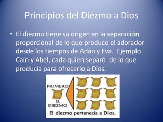 Principios del Diezmo a Dios
• El diezmo tiene su origen en la separación
proporcional de lo que produce el adorador
desde los tiempos de Adán y Eva. Ejemplo
Caín y Abel, cada quien separó de lo que
producía para ofrecerlo a Dios.

 