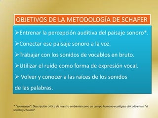 OBJETIVOS DE LA METODOLOGÍA DE SCHAFER
Entrenar la percepción auditiva del paisaje sonoro*.
Conectar ese paisaje sonoro a la voz.
Trabajar con los sonidos de vocablos en bruto.
Utilizar el ruido como forma de expresión vocal.
 Volver y conocer a las raíces de los sonidos
de las palabras.

* “sounscape”: Descripción crítica de nuestro ambiente como un campo humano-ecológico ubicado entre “el
sonido y el ruido”.
 