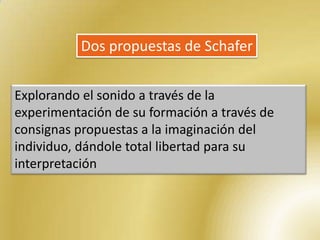Dos propuestas de Schafer


Explorando el sonido a través de la
experimentación de su formación a través de
consignas propuestas a la imaginación del
individuo, dándole total libertad para su
interpretación
 