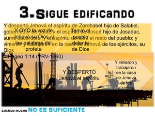 Y despertó Jehová el espíritu de Zorobabel hijo de Salatiel, 
gobernador Y OYÓ de la voz Judá, de 
y el espíritu Temió de el 
Josué hijo de Josadac, 
sumo Jehová sacerdote, su Dios, y el y 
espíritu de pueblo 
todo el resto del pueblo; y 
vinieron las y palabras trabajaron del 
en la casa delante 
de Jehová de los ejércitos, su 
Dios 
profeta 
de Dios 
– Hageo 1:14 (VRV-1960) 
Y DESPERTÓ 
Jehová el espíritu 
Y vinieron y 
trabajaron 
en la casa 
de Jehová 
de los 
ejércitos 
 