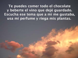 Te puedes comer todo el chocolate y beberte el vino que dejé guardado. Escucha ese tema que a mí me gustaba, usa mi perfume y riega mis plantas.   