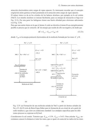 12. Átomos con varios electrones
173
atracción electrostática entre cargas de signo opuesto. Es interesante recordar que el concepto
original de unión química se basó justamente en la atracción entre cargas de signo opuesto.
El enlace iónico se da en los cristales de los haluros alcalinos, por ejemplo en la sal común
(NaCl). Los metales alcalinos se ionizan fácilmente, pues su energía de ionización es baja (ver
Fig. 12.2). Por otra parte los halógenos tienen una fuerte afinidad para electrones adicionales
(ver Fig. 12.8).
Para que una unión iónica en la que el átomo A cede un electrón al átomo B sea energéticamente
posible es preciso que la variación ∆E de energía que resulta de ello sea negativa, de modo que
∆E E E Vi A a B AB= − + <, , 0 (12.21)
donde VAB es la energía potencial electrostática de la molécula formada por los iones A+
y B–
.
Cl2 Cl + Cl
Vaporización
del Na
Entalpía de
formación
del cristal
de NaCl
Formación
del cristal
Na metálico y gas Cl2
Na Na+ + e–
Cl + e– Cl–
Cristal de sal
Na+ y Cl–
Na+ , e– y Cl
vapor de Na y gas Cl2
vapor de Na y gas Cl
486.3
121.7
107.3
–411.15
–787.3
–351.2
Na Na+ + e–
Cl + e– Cl–
Na+ + Cl– NaCl
Na+ , e– y Cl
Na+ y Cl–
Molécula de NaCl
Na y Cl atómicos
Entalpía de
formación
de moléculas
aisladas
de NaCl
486.3
–303.12
–351.2
–495.9
(a) (b)
Fig. 12.9. (a) Formación de una molécula aislada de NaCl a partir de átomos aislados de
Na y Cl. (b) El ciclo de Born-Fajan-Haber para la formación de un cristal de sal a partir de
sodio metálico y gas cloro en condiciones standard. Las entalpías específicas para los dife-
rentes procesos se expresan en KJ/mol.
Consideremos la sal común. Tenemos que Ei, .Na = 5 39, Ea, .Cl = 3 613. Para calcular VNaCl ne-
cesitamos conocer la distancia d entre los iones, que es igual a la suma de los radios de los iones
 