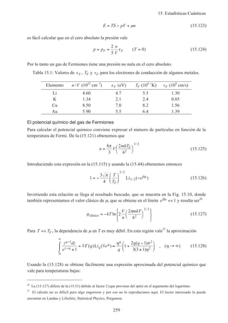 15. Estadísticas Cuánticas
259
E TS pV n= − + µ (15.123)
es fácil calcular que en el cero absoluto la presión vale
p p
n
V
TF F= = =
2
5
0ε ( ) (15.124)
Por lo tanto un gas de Fermiones tiene una presión no nula en el cero absoluto.
Tabla 15.1: Valores de εF , TF y vF para los electrones de conducción de algunos metales.
Elemento n V/ (1022
cm–3
) εF (eV) TF (104
˚K) vF (108
cm/s)
Li 4.60 4.7 5.5 1.30
K 1.34 2.1 2.4 0.85
Cu 8.50 7.0 8.2 1.56
Au 5.90 5.5 6.4 1.39
El potencial químico del gas de Fermiones
Para calcular el potencial químico conviene expresar el número de partículas en función de la
temperatura de Fermi. De la (15.121) obtenemos que
n V
mkT
h
F
= 



8
3
2
2
3 2
π /
(15.125)
Introduciendo esta expresión en la (15.115) y usando la (15.44) obtenemos entonces
1
3
4
3 2
3 2= −





 −
π βµT
T
e
F
/
/Li ( ) (15.126)
Invirtiendo esta relación se llega al resultado buscado, que se muestra en la Fig. 15.10, donde
también representamos el valor clásico de µ, que se obtiene en el límite eβµ << 1 y resulta ser26
µ
π
clásico = − 









kT
V
n
mkT
h
ln
/
2
2
2
3 2
(15.127)
Para T TF<< , la dependencia de µ en T es muy débil. En esta región vale27
la aproximación
z dz
e
q e
q
q qq
z q
q−
−
∞
±
⌠
⌡
 = ≈ +
−
±





 → ∞
1
0
2
21
1
2 1
3 3 1η
η η π
η
ηm mΓ ( )Li ( )
( )
( )
, ( ) (15.128)
Usando la (15.128) se obtiene fácilmente una expresión aproximada del potencial químico que
vale para temperaturas bajas:
26
La (15.127) difiere de la (15.51) debido al factor 2 (que proviene del spin) en el argumento del logaritmo.
27
El cálculo no es difícil pero algo engorroso y por eso no lo reproducimos aquí. El lector interesado lo puede
encontrar en Landau y Lifschitz, Statistical Physics, Pergamon.
 