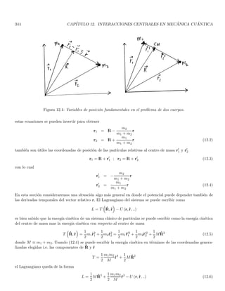 102 CAPÍTULO 1. LINEAR OR VECTOR SPACES
since the scalar product hϕ| ψi is convergent, ϕ∗ (r) ψ (r) approaches zero when x → ±∞. Hence the first term
on the right-hand side vanishes and we find
hϕ| Px |ψi = −
~
i
Z
d3
r ψ (r)
∂
∂x
ϕ∗
(r) =

~
i
Z
d3
r ψ∗
(r)
∂
∂x
ϕ (r)
∗
hϕ| Px |ψi = hψ| Px |ϕi∗
two things deserve attention, first the presence of the i factor is essential because i∂/∂x is hermitian but ∂/∂x is
not. Second, we have used explicitly the fact that |ψi and |ϕi belong to Er by assuming that the scalar product
hϕ| ψi is convergent, so this proof is not valid for generalized kets.
1.43.5. The eigenvalue problem for R and P
Let us calculate the matrix element X (r′, r) of the operator X in the basis {|ri}
X r′
, r

=


r′
 