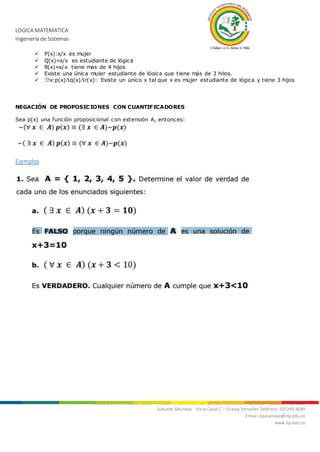 LOGICA MATEMATICA
Ingeniería de Sistemas
Nit. 800.247.940-1 Sede Mocoa: “Aire Libre” Barrio Luis Carlos Galán Teléfonos: 4200922 - 4201206 - 4296105
Subsede Sibundoy: Vía al Canal C – Granja Versalles Teléfono: 310 243 4689
Email: itputumayo@itp.edu.co
www.itp.edu.co
 P(x):x/x es mujer
 Q(x)=x/x es estudiante de lógica
 R(x)=x/x tiene mas de 4 hijos
 Existe una única mujer estudiante de lógica que tiene más de 3 hijos.
 !x:p(x)q(x)r(x): Existe un único x tal que x es mujer estudiante de lógica y tiene 3 hijos
NEGACIÓN DE PROPOSICIONES CON CUANTIFICADORES
Sea p(x) una función proposicional con extensión A, entonces:
Ejemplos
 