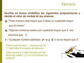 Ejercicio
Escribe en forma simbólica las siguientes proposiciones y
decida el valor de verdad de las mismas.
p
p: “Todo número real mayor que 2 tiene un cuadrado mayor
que él mismo”
q
q: “Algunos números reales con cuadrado mayor que 4 son
menores que 2”
r
r : “Cualquier número satisface x
x2
2
- x
- x 
 0
0 o no es mayor que 2”
Toma unos minutos … observa que en
“r” hace falta el universo de discurso …
¿Qué ocurre si U está formado por los
números reales? ¿Y si a U lo forman los
enteros?
 
