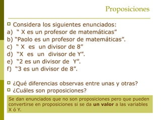 Proposiciones
 Considera los siguientes enunciados:
a) “ X es un profesor de matemáticas”
b) “Paolo es un profesor de matemáticas”.
c) “ X es un divisor de 8”
d) “X es un divisor de Y”.
e) “2 es un divisor de Y”.
f) “3 es un divisor de 8”.
 ¿Qué diferencias observas entre unas y otras?
 ¿Cuáles son proposiciones?
 ¿Se te ocurre alguna manera de convertir en
proposiciones las que no lo son? ...
Se dan enunciados que no son proposiciones pero que pueden
convertirse en proposiciones si se da un valor a las variables
X ó Y.
 
