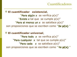 Cuantificadores
 El cuantificador existencial,
“Para algún x
Para algún x se verifica p(x)”
“Existe x
Existe x tal que se cumple p(x)”
“Para al menos un x
Para al menos un x se satisface p(x)”
son proposiciones que se escriben como “
x p(x)
x p(x) ”
 El cuantificador universal,
“Para todo x
Para todo x se verifica p(x)”
“Para cualquier x
Para cualquier x tal que se cumple p(x)”
“Para cada x
Para cada x se satisface p(x)”
son proposiciones que se escriben como “
x p(x)
x p(x) ”
 