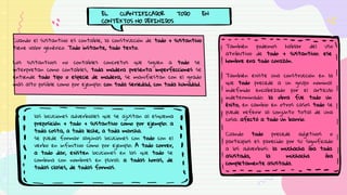EL CUANTIFICADOR TODO EN
CONTEXTOS NO DEFINIDOS
Cuando el sustantivo es contable, la construcción de todo + sustantivo
tiene valor genérico. Todo instante, todo texto.
Los sustantivos no contables concretos que siguen a todo se
interpretan como contables, toda madera presenta imperfecciones se
entiende todo tipo o especie de madera, se manifiestan con el grado
más alto posible como por ejemplo: con toda seriedad, con toda humildad.
las locuciones adverbiales que se ajustan al esquema
preposición + todo + sustantivo como por ejemplo: a
toda costa, a toda leche, a toda marcha.
se puede formar algunas locuciones con todo con el
verbo en infinitivo como por ejemplo: A todo correr,
a todo dar, existen locuciones en las que todo se
combina con nombres en plural: a todas horas, de
todas clases, de todas formas.
También podemos hablar del uso
atributivo de todo + sustantivo: ese
hombre era todo corazón.
También existe una construcción en la
que todo precede a un grupo nominal
indefinido encabezado por el artículo
indeterminado: la obra fue todo un
éxito, en cambio en otros casos todo se
puede referir al conjunto total de una
cosa: afectó a todo un barrio.
Cuando todo precede adjetivos o
participios es parecido por su significado
a los adverbios: la muchacha iba toda
asustada, la muchacha iba
completamente asustada.
 