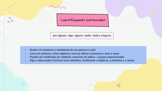 Cuantificadores existenciales
son alguien, algo, alguno, nadie, nada y ninguno.
- Aluden a la existencia o inexistencia de una persona o cosa
- Unos son positivos y otros negativos; unos se refieren a personas y otros a cosas
- Pueden ser modificados por adjetivos, oraciones de relativo o grupos preposicionales
- Algo y nada pueden funcionar como adverbios, modificando a adjetivos, a adverbios y a verbos
 