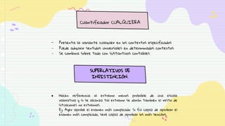 Cuantificador CUALQUIERA
- Presenta la variante cualquier en los contextos especificados
- Puede adquirir sentidos universales en determinados contextos
- Se combina sobre todo con sustantivos contables
SUPERLATIVOS DE
INDISTINCIÓN.
● Hacen referencia al extremo menos probable de una escala
valorativa y si se alcanza tal extremo se darán también el resto de
situaciones no extremas.
Ej: Ayer aprobé el examen más complicado. Si fui capaz de aprobar el
examen más complicado, seré capaz de aprobar los más sencillos.
 