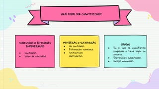 MATERIAS O SUSTANCIAS
● No contables.
● Estimación numérica.
● Sustantivos
abstractos.
INDIVIDUO O ENTIDADES
INDIVIDUALES
● Contables.
● Valor de cantidad.
GRADOS
● En el que se manifiesta
porpiedad o tiene lugar un
proceso.
● Expresiones adverbiales.
● Grupos nominales.
¿QUÉ PUEDE SER CUANTIFICADO?
 
