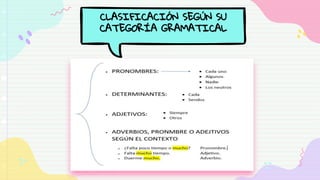 CLASIFICACIÓN SEGÚN SU
CATEGORÍA GRAMATICAL
 