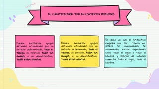 Pueden encabezar grupos
definidos introducidos por un
artículo determinado, todo el
tiempo, un posesivo, todos sus
amigos, o un demostrativo,
todos estos asuntos.
Pueden encabezar grupos
definidos introducidos por un
artículo determinado, todo el
tiempo, un posesivo, todos sus
amigos, o un demostrativo,
todos estos asuntos.
El hecho de que el sustantivo
empieza por /a/ tónica no
altera su concordancia, se
recomienda, evitar expresiones
como todo el agua o todo el
hambre y usarlas de manera
correcta, toda el agua, toda el
hambre.
EL CUANTIFICADOR TODO EN CONTEXTOS DEFINIDOS
 