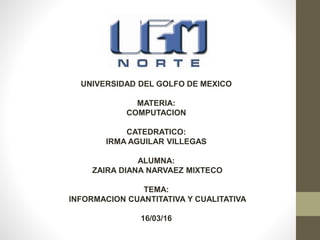 UNIVERSIDAD DEL GOLFO DE MEXICO
MATERIA:
COMPUTACION
CATEDRATICO:
IRMA AGUILAR VILLEGAS
ALUMNA:
ZAIRA DIANA NARVAEZ MIXTECO
TEMA:
INFORMACION CUANTITATIVA Y CUALITATIVA
16/03/16
 