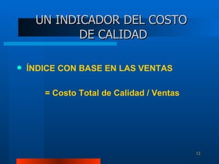 UN  INDICADOR DEL COSTO  DE CALIDAD ÍNDICE CON BASE EN LAS VENTAS = Costo Total de Calidad / Ventas 