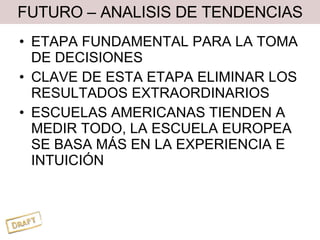 FUTURO – ANALISIS DE TENDENCIAS ETAPA FUNDAMENTAL PARA LA TOMA DE DECISIONES CLAVE DE ESTA ETAPA ELIMINAR LOS RESULTADOS EXTRAORDINARIOS ESCUELAS AMERICANAS TIENDEN A MEDIR TODO, LA ESCUELA EUROPEA SE BASA MÁS EN LA EXPERIENCIA E INTUICIÓN 
