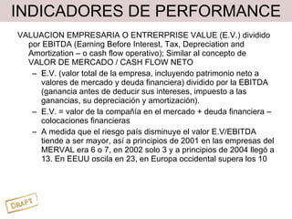 INDICADORES DE PERFORMANCE VALUACION EMPRESARIA O ENTRERPRISE VALUE (E.V.) dividido por EBITDA (Earning Before Interest, Tax, Depreciation and Amortization – o cash flow operativo); Similar al concepto de VALOR DE MERCADO / CASH FLOW NETO E.V. (valor total de la empresa, incluyendo patrimonio neto a valores de mercado y deuda financiera) dividido por la EBITDA (ganancia antes de deducir sus intereses, impuesto a las ganancias, su depreciación y amortización).  E.V. = valor de la compañía en el mercado + deuda financiera – colocaciones financieras A medida que el riesgo país disminuye el valor E.V/EBITDA tiende a ser mayor, así a principios de 2001 en las empresas del MERVAL era 6 o 7, en 2002 solo 3 y a principios de 2004 llegó a 13. En EEUU oscila en 23, en Europa occidental supera los 10  