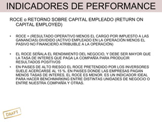 INDICADORES DE PERFORMANCE ROCE o RETORNO SOBRE CAPITAL EMPLEADO (RETURN ON CAPITAL EMPLOYED) ROCE = (RESULTADO OPERATIVO MENOS EL CARGO POR IMPUESTO A LAS GANANCIAS) DIVIDIDO (ACTIVO EMPLEADO EN LA OPERACIÓN MENOS EL PASIVO NO FINANCIERO ATRIBUIBLE A LA OPERACIÓN) EL ROCE SEÑALA EL RENDIMIENTO DEL NEGOCIO, Y DEBE SER MAYOR QUE LA TASA DE INTERES QUE PAGA LA COMPAÑÍA PARA PRODUCIR RESULTADOS POSITIVOS EN PAISES DE ALTO RIESGO EL ROCE PRETENDIDO POR LOS INVERSORES SUELE ACERCARSE AL 15 %. EN PAISES DONDE LAS EMPRESAS PAGAN MENOS TASAS DE INTERES, EL ROCE ES MENOR. ES UN INDICADOR IDEAL PARA HACER BENCHMARKING ENTRE DISTINTAS UNIDADES DE NEGOCIO O ENTRE NUESTRA COMPAÑÍA Y OTRAS. 
