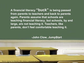 A financial literacy  “buck”  is being passed from parents to teachers and back to parents again. Parents assume that scho...