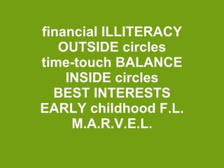 financial ILLITERACY OUTSIDE circles time-touch BALANCE INSIDE circles BEST INTERESTS  EARLY childhood F.L.  M.A.R.V.E.L. 