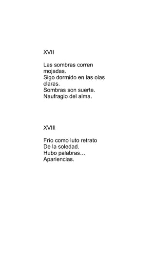 XVII
Las sombras corren
mojadas.
Sigo dormido en las olas
claras.
Sombras son suerte.
Naufragio del alma.
XVIII
Frío como luto retrato
De la soledad.
Hubo palabras…
Apariencias.
 
