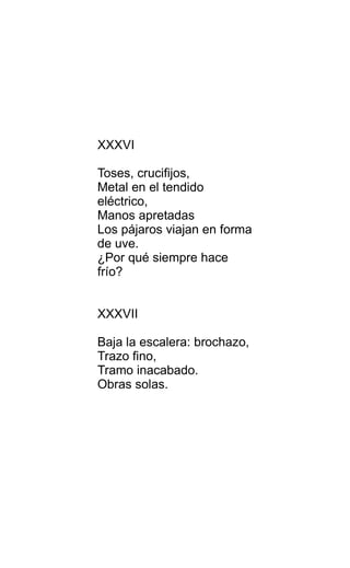 XXXVI
Toses, crucifijos,
Metal en el tendido
eléctrico,
Manos apretadas
Los pájaros viajan en forma
de uve.
¿Por qué siempre hace
frío?
XXXVII
Baja la escalera: brochazo,
Trazo fino,
Tramo inacabado.
Obras solas.
 