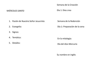 MIÉRCOLES SANTO
1. Pasión de Nuestro Señor Jesucristo
2. Evangelio:
3. Signos:
4. Temática:
5. Detalles:
Semana de la Creación
Día 1: Dios crea
Semana de la Redención
Día 1: Preparación de la cena
En la mitología:
Día del dios Mercurio
Su nombre en inglés
 