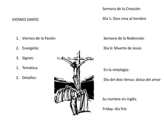 VIERNES SANTO
1. Viernes de la Pasión
2. Evangelio:
3. Signos:
1. Temática:
2. Detalles:
Semana de la Creación
Día 1: Dios crea al hombre
Semana de la Redención
Día 6: Muerte de Jesús
En la mitología:
Día del dios Venus: diosa del amor
Su nombre en inglés
Friday: día frio
 