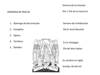 DOMINGO DE PASCUA
1. Domingo de Resurrección
2. Evangelio:
3. Signos:
4. Temática:
5. Detalles:
Semana de la Creación
Día 1: Día de la nueva luz
Semana de la Redención
Día 8: Jesús Resucita
En la mitología:
Día del dios Júpiter
Su nombre en inglés
Sunday: día del sol
 