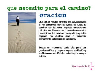 Qué difícil resulta afrontar las adversidades si no contamos con la ayuda de Dios. El camino de la cruz implica tentaciones, dificultades..Este camino no es de rosas sino de espinas. La oración no ayuda a que las espinas no duelan sino a entender plenamente la belleza de las rosas. Busca un momento cada día para dar gracias a Dios y prepararte para su Pasión y su Resurrección. Pídele cada día por los que sufren.  