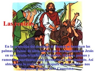 Las cenizas

En la procesión del domingo de Ramos se bendicen las
palmas y ramos de olivo con los que acompañamos a Jesús
en su entrada triunfal en Jerusalén. Algunas palmas y
ramos los guardamos para quemarlos el año siguiente. Así
obtenemos la ceniza, que –después de bendecida – nos
imponen al inicio de la Cuaresma.

 