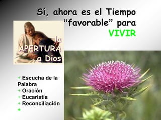 Sí, ahora es el Tiempo
             “favorable” para
                       VIVIR
        la
APERTURA
    a Dios

+ Escucha de la
Palabra
+ Oración
+ Eucaristía
+ Reconciliación
+
 