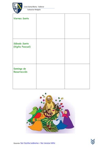 Liceo Santa Marta - Vallenar
               Subsector Religión




Viernes Santo




Sábado Santo
(Vigilia Pascual)




Domingo de
Resurrección




Docente: Sor Cecilia Ledesma – Sor Jessica Véliz
 